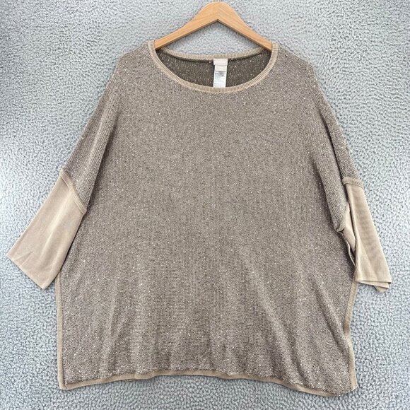 Chico's Sweaters - Chicos Sweater Womens Large Brown Shimmer Sequin Knit Poncho Stretch Pullover
